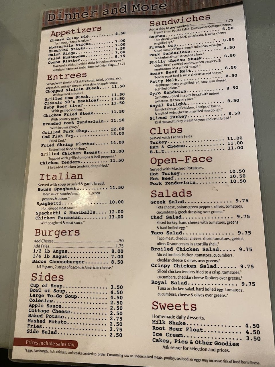 Printed menu featuring skillets and open-face dishes.